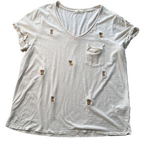 Anthropologie T.La The Lars Classic V-Neck Tee Cream Large Puppy Embroidery